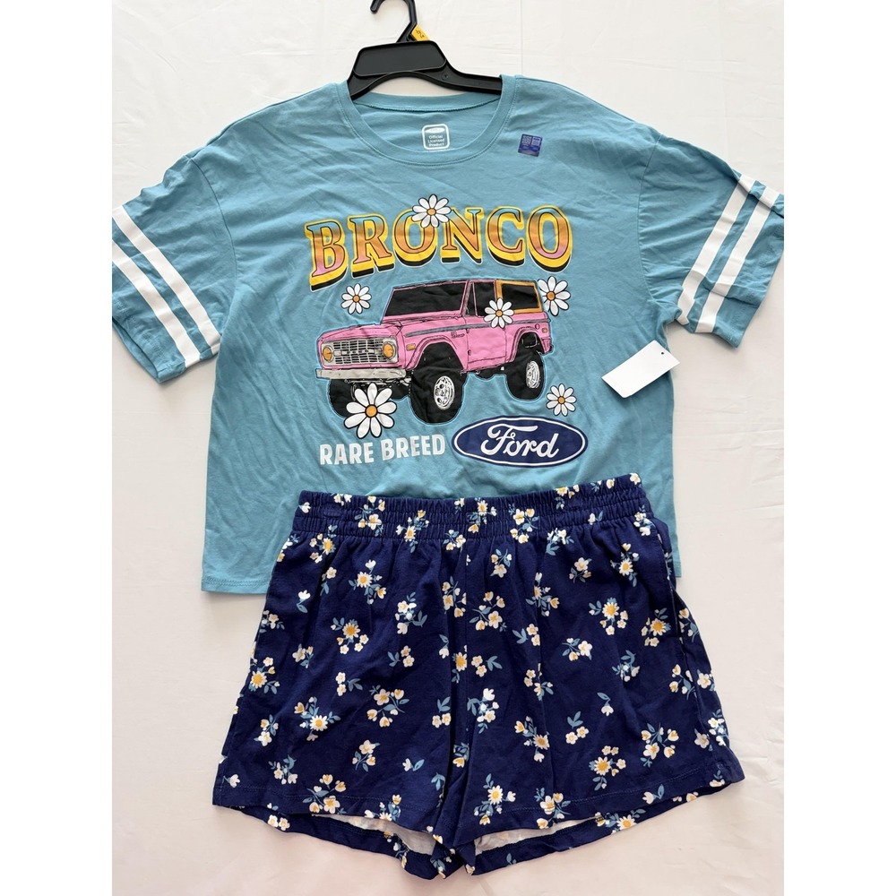Ford Bronco Shorts Set Girls 12-14 Blue Floral 2 Piece T-Shirt Outfit Loungewear